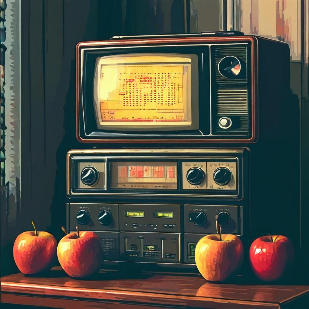 8 bit apples next to 1950s radio still life by Willem Dodds - Playground