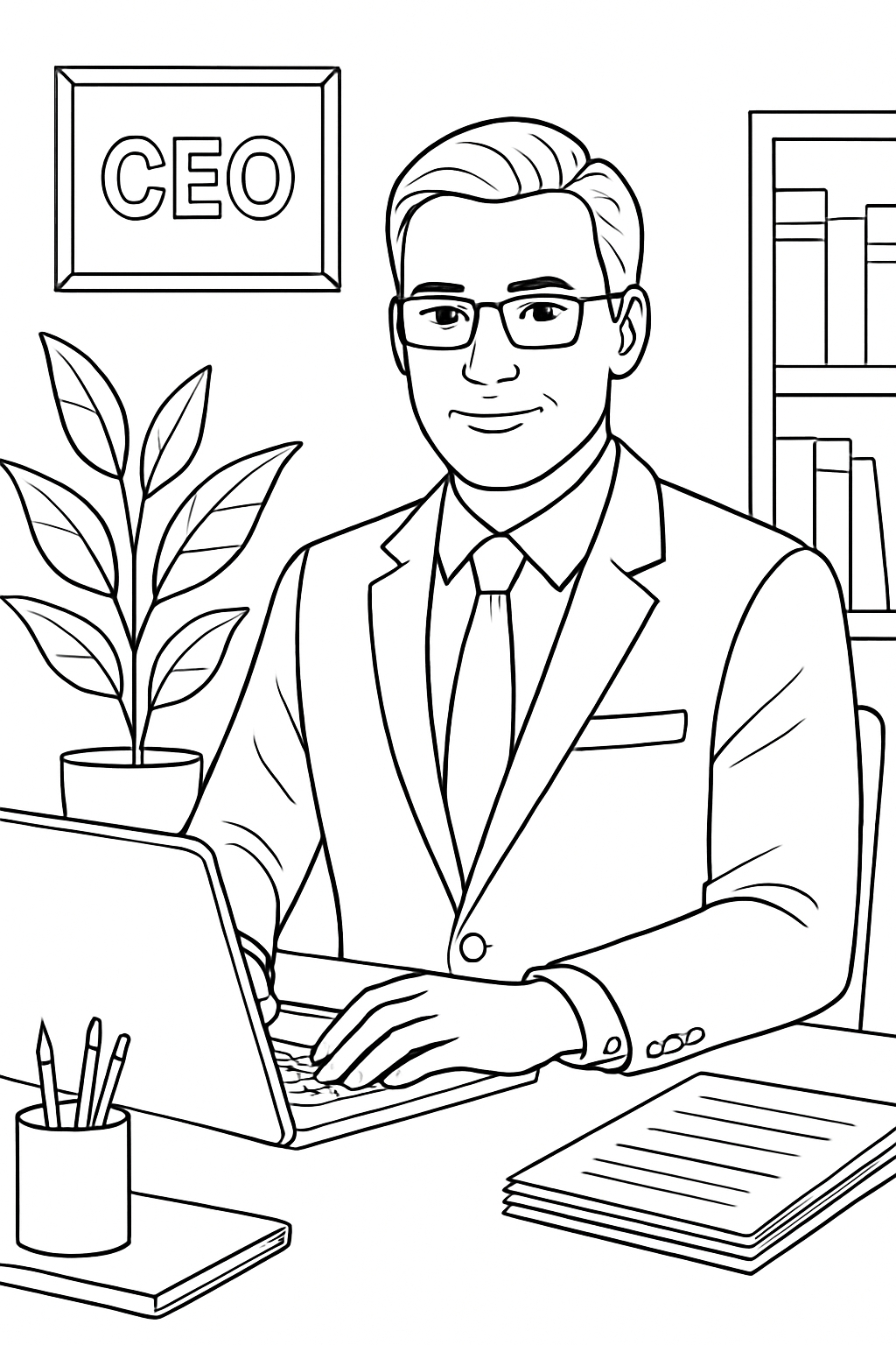 Professional Line Drawing of Well-Dressed Man at Office Desk Coloring Book Pages