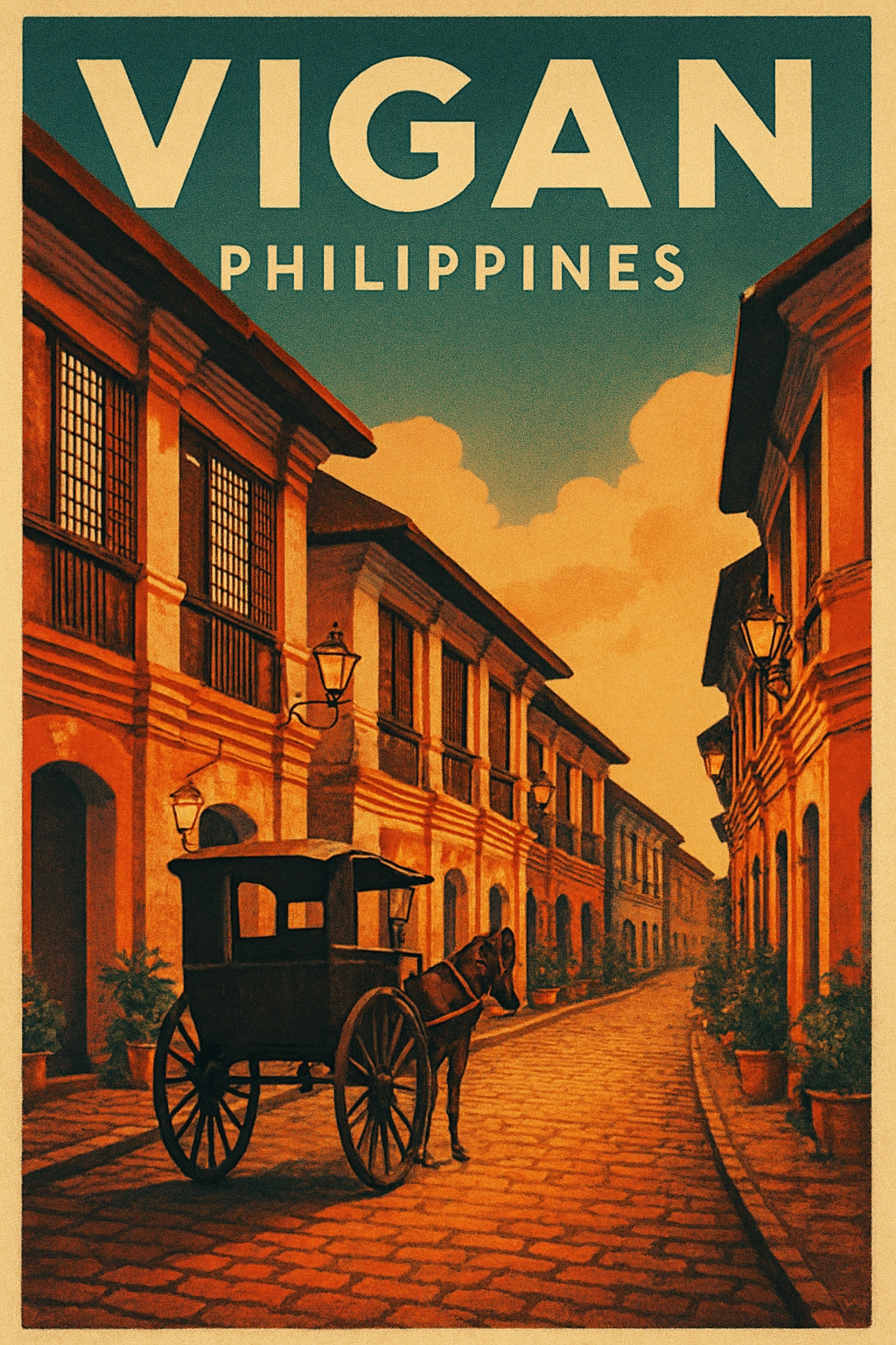 Vintage Vigan Philippines Travel Poster with Colonial Architecture