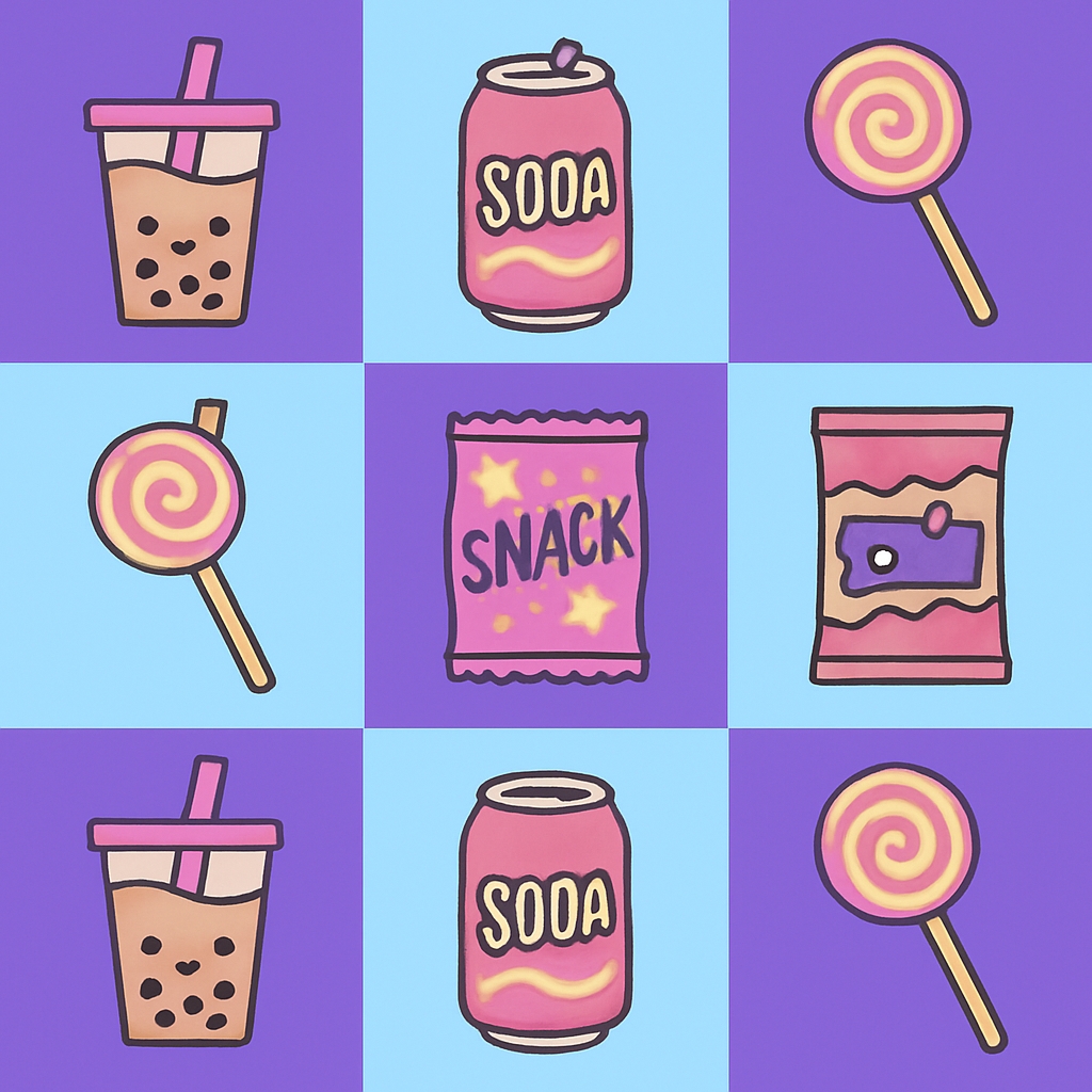 Playful Cartoon Food and Drink Grid Pattern Design Seamless Pattern