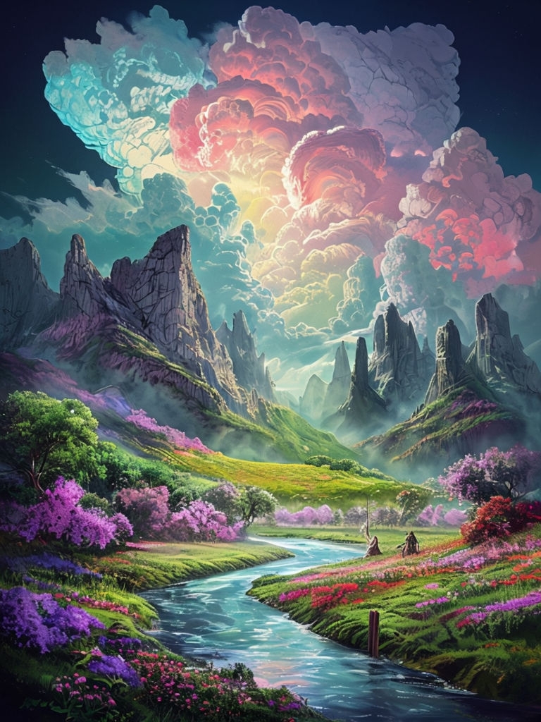 Vibrant Moonlit Fantasy Landscape Digital Art Poster