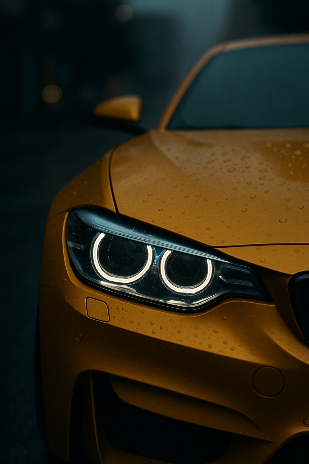 Sleek Amber Yellow Modern Car Close-Up with Raindrops Mobile Wallpaper