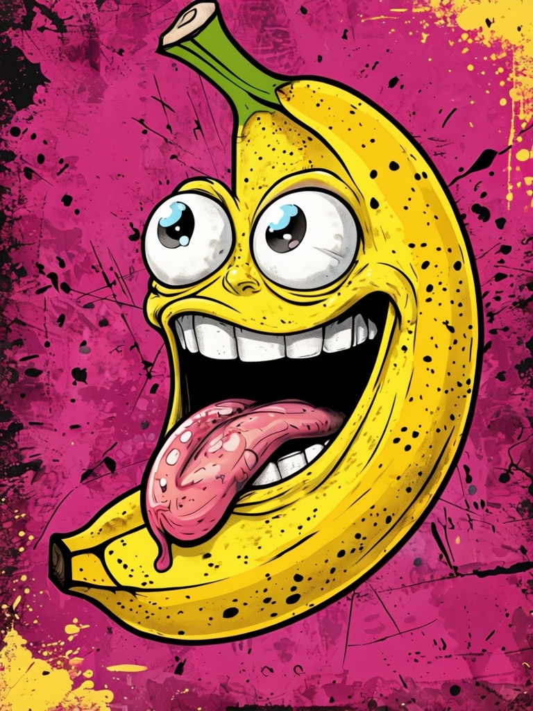 Quirky Cartoon Banana Illustration on Vibrant Magenta Background T-shirt