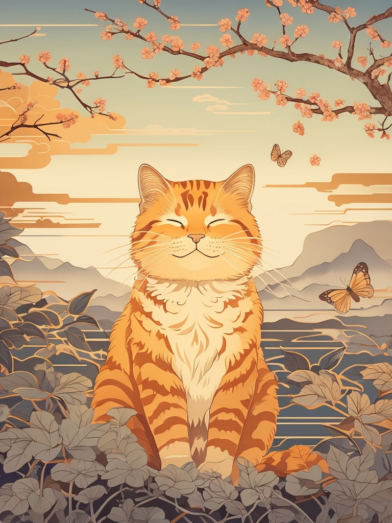 Happy Orange Tabby Cat in Japanese Art with Cherry Blossoms Illustration Art