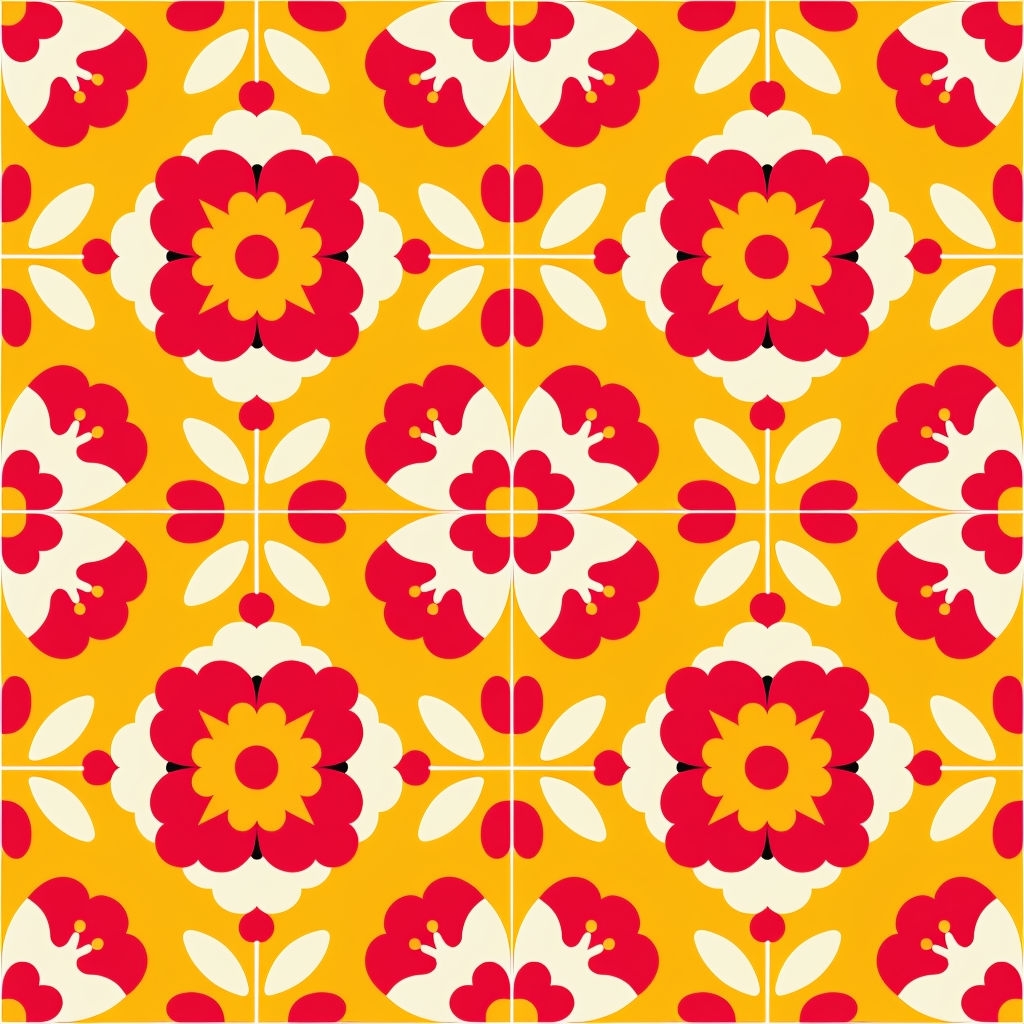 Vibrant Geometric Floral Pattern on Yellow Background Seamless Pattern