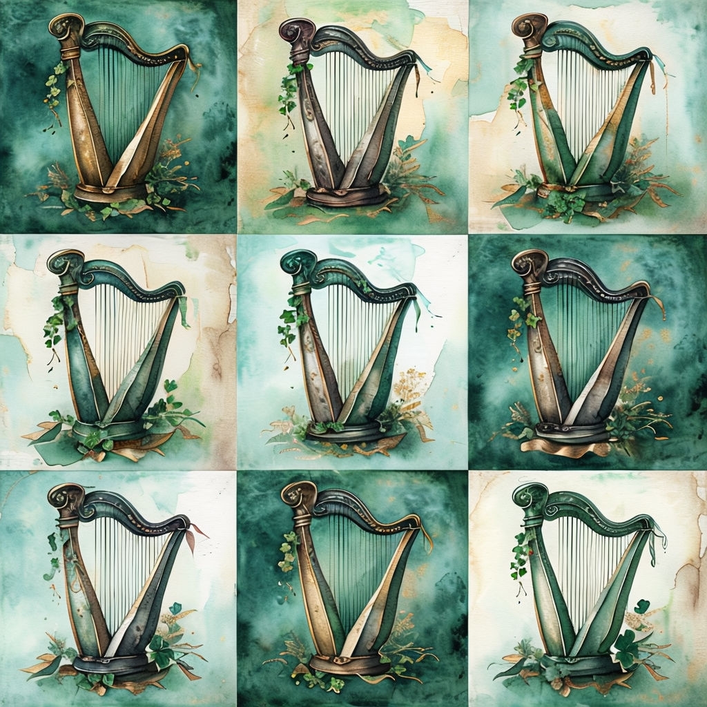 Vintage Watercolor Irish Harps with Ivy and Shamrocks Pattern Seamless Patterns