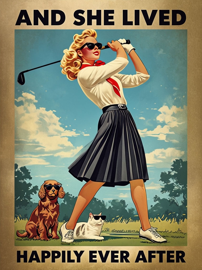 Vintage Golfing Woman Illustration with Pets in Sunny Landscape Poster