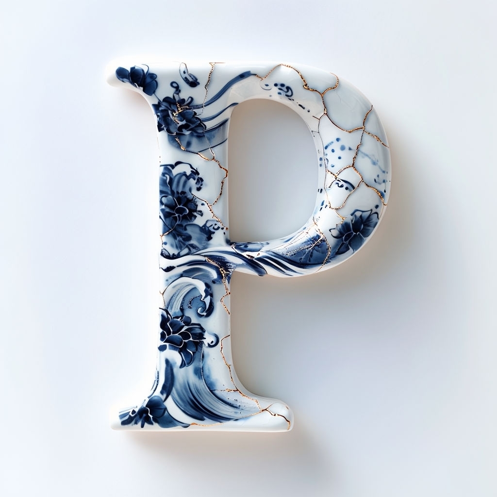 Elegant Porcelain Letter P with Cobalt Blue Patterns Monogram