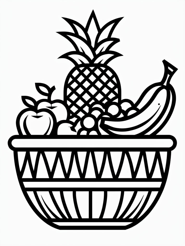 Whimsical Black and White Fruit Basket Coloring Page Design Coloring Book Pages