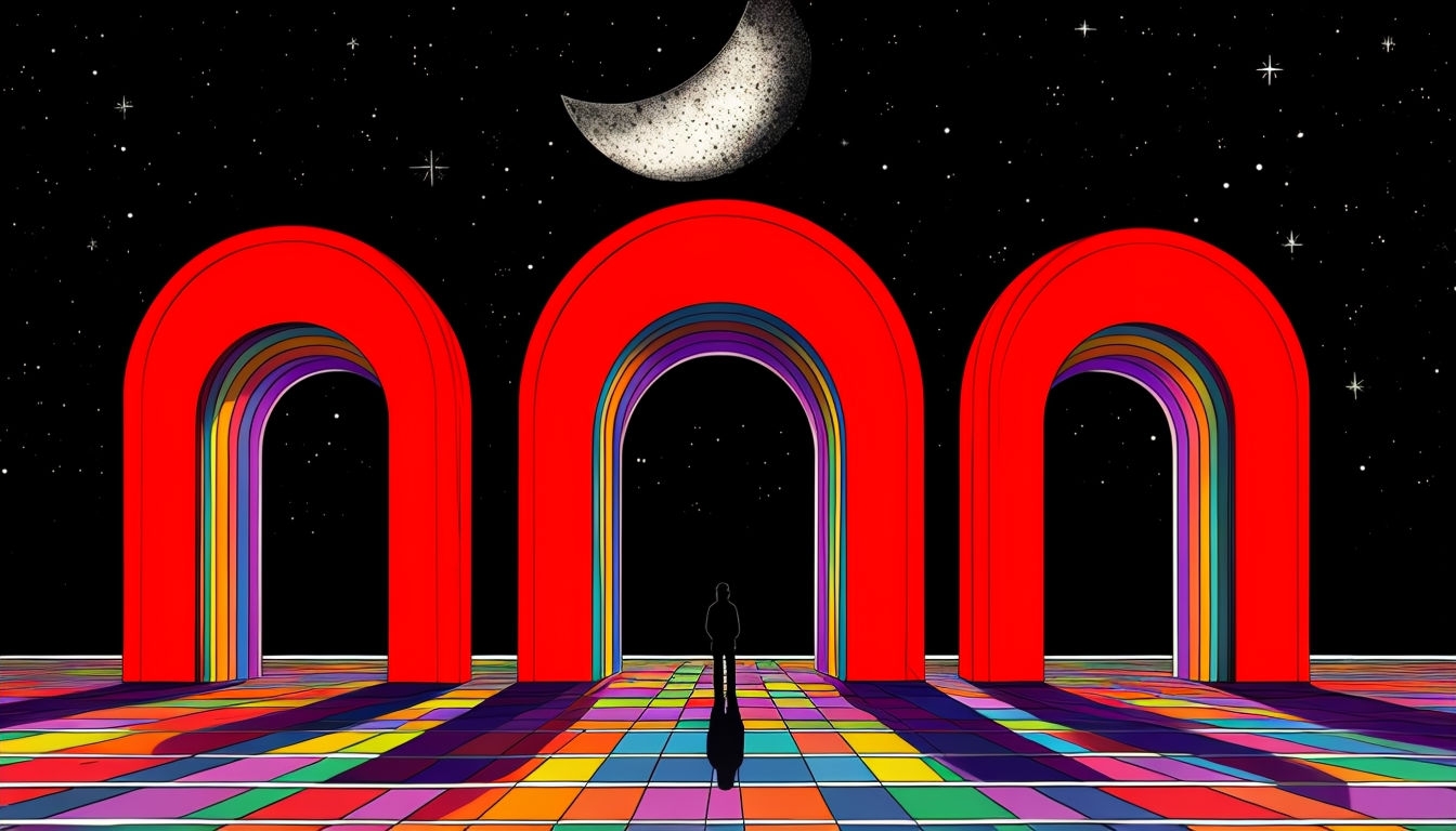 Surreal Red Arches Under Starry Sky Virtual Background