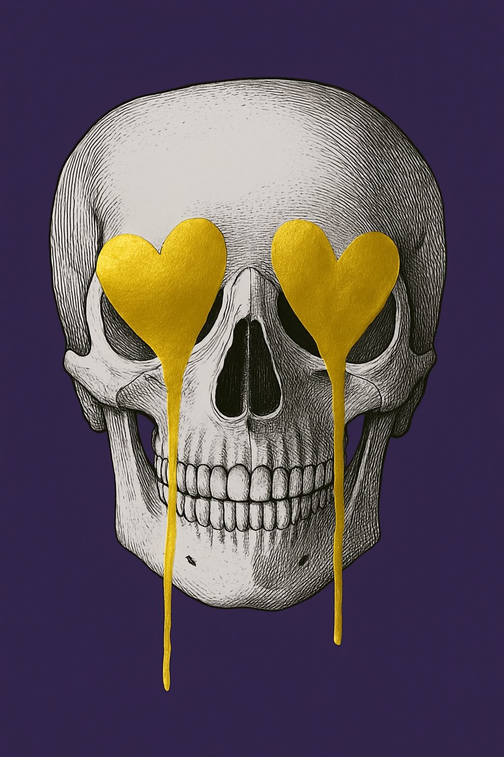 Detailed Black and White Skull with Gold Heart Eyes Art