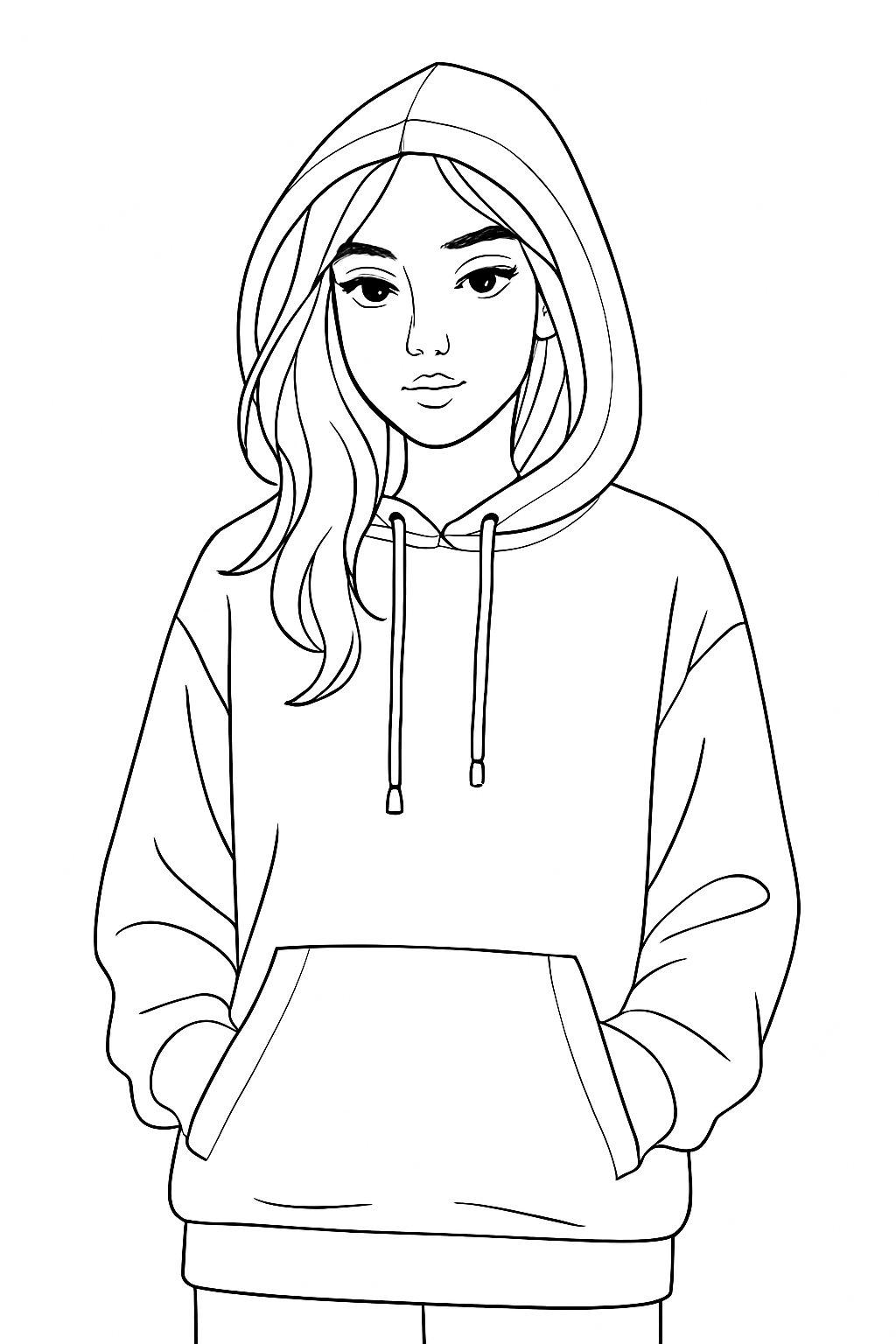 Black and White Line Drawing of Young Woman in Hoodie Coloring Book Pages