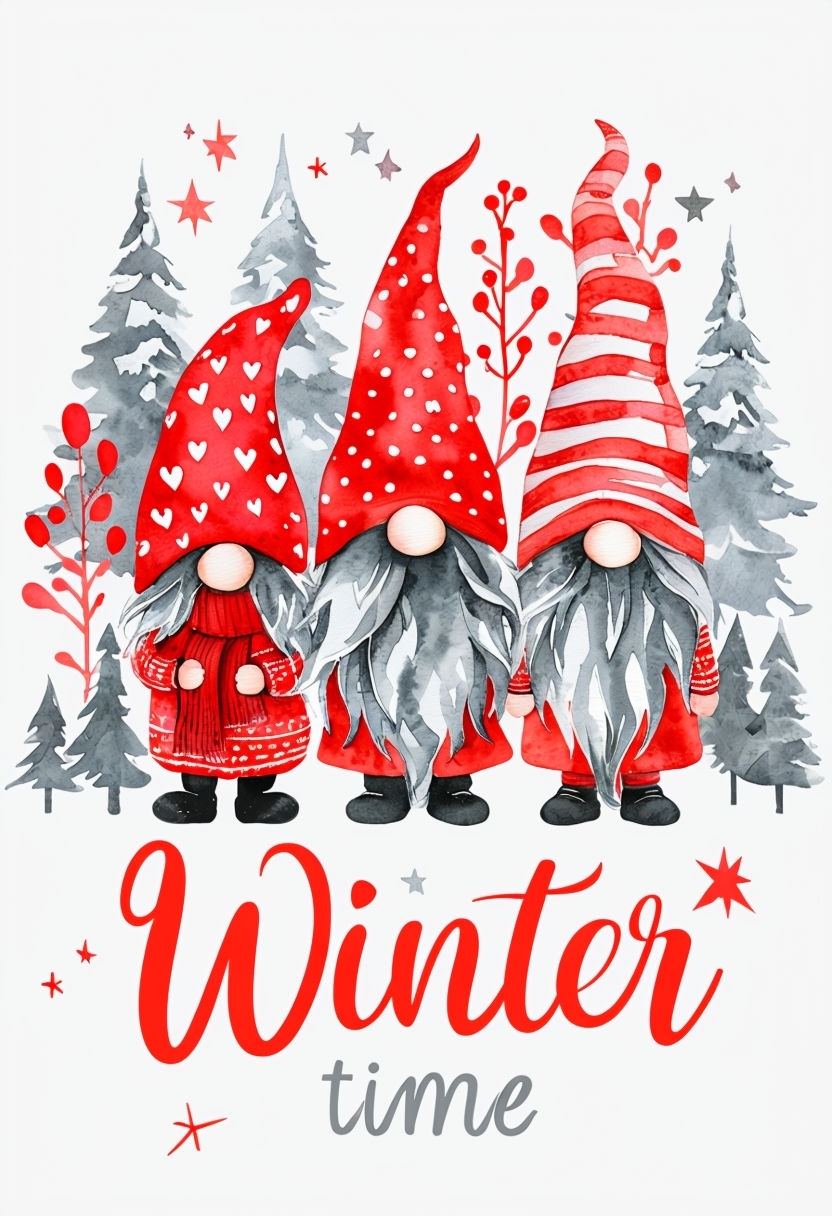 Festive Winter Time Gnomes Watercolor Illustration Poster