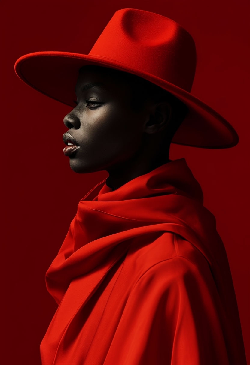 Dramatic Minimalist Portrait with Red Hat and Cloak Art