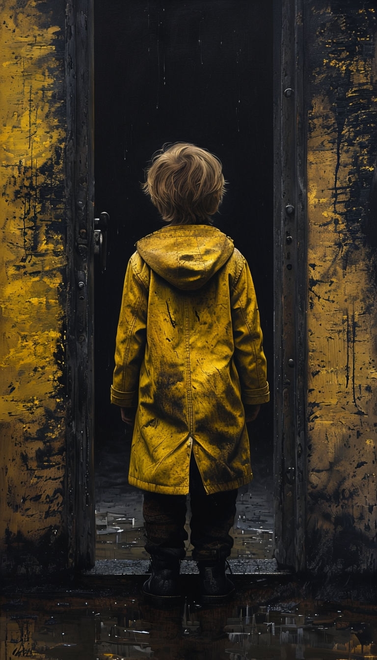 Somber Hyper-Realistic Child in Doorway Painting Art