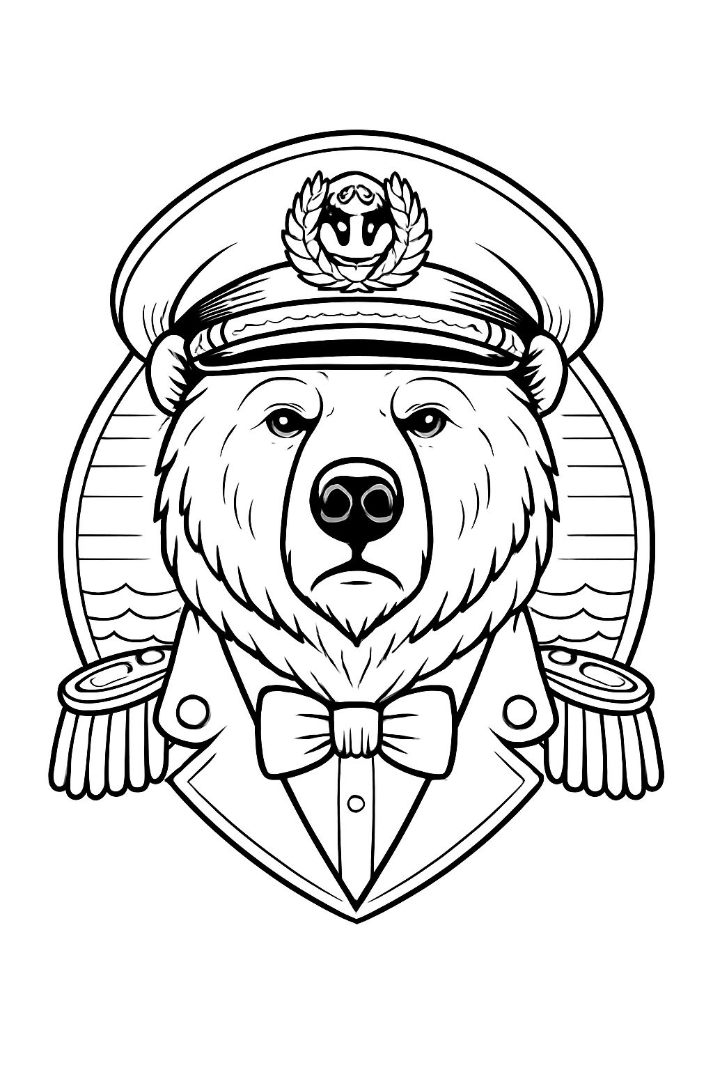 Dignified Bear in Military Uniform Line Art Coloring Page