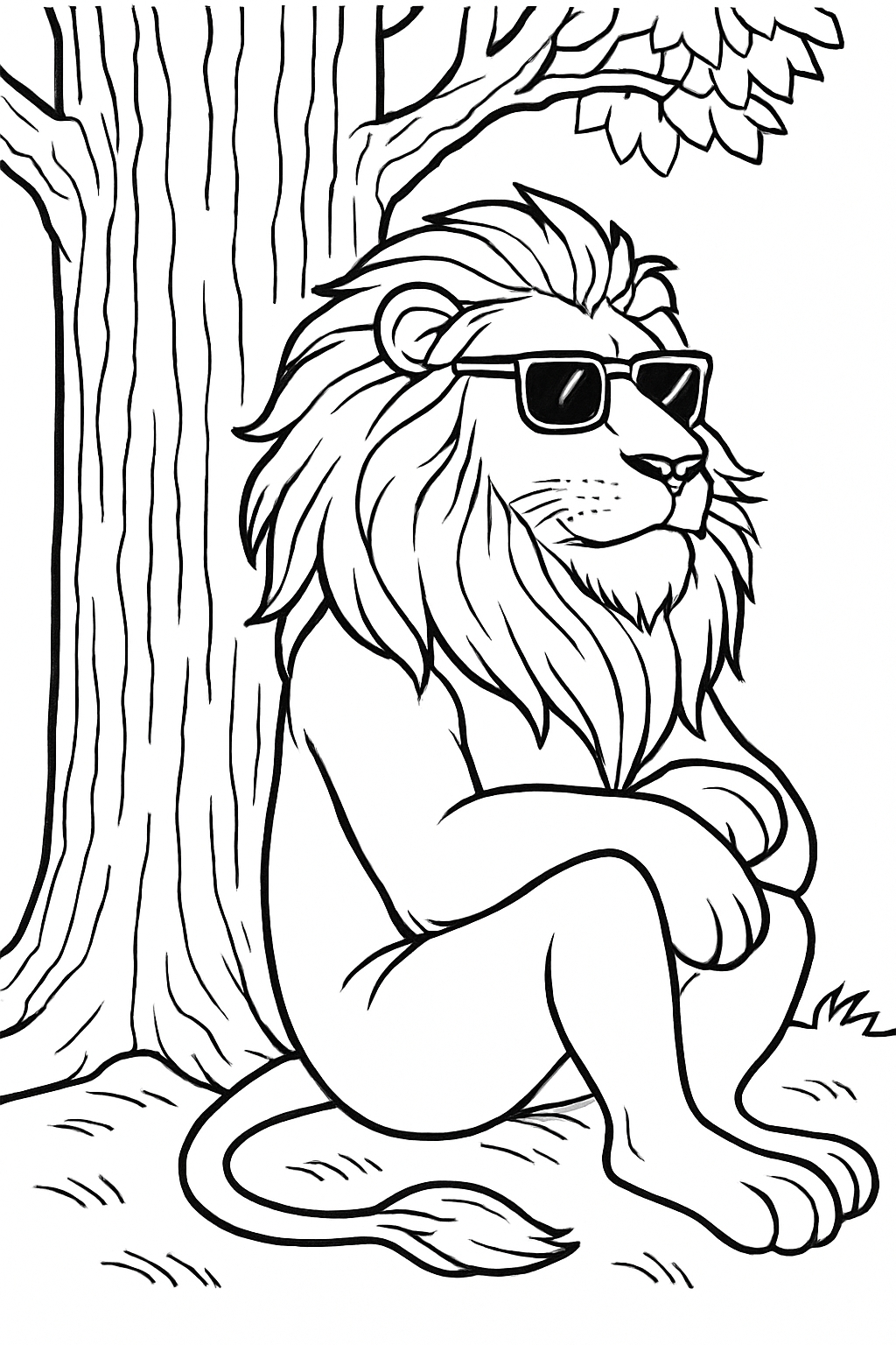 Cool Cartoon Lion Relaxing Against a Tree Trunk Coloring Book Page