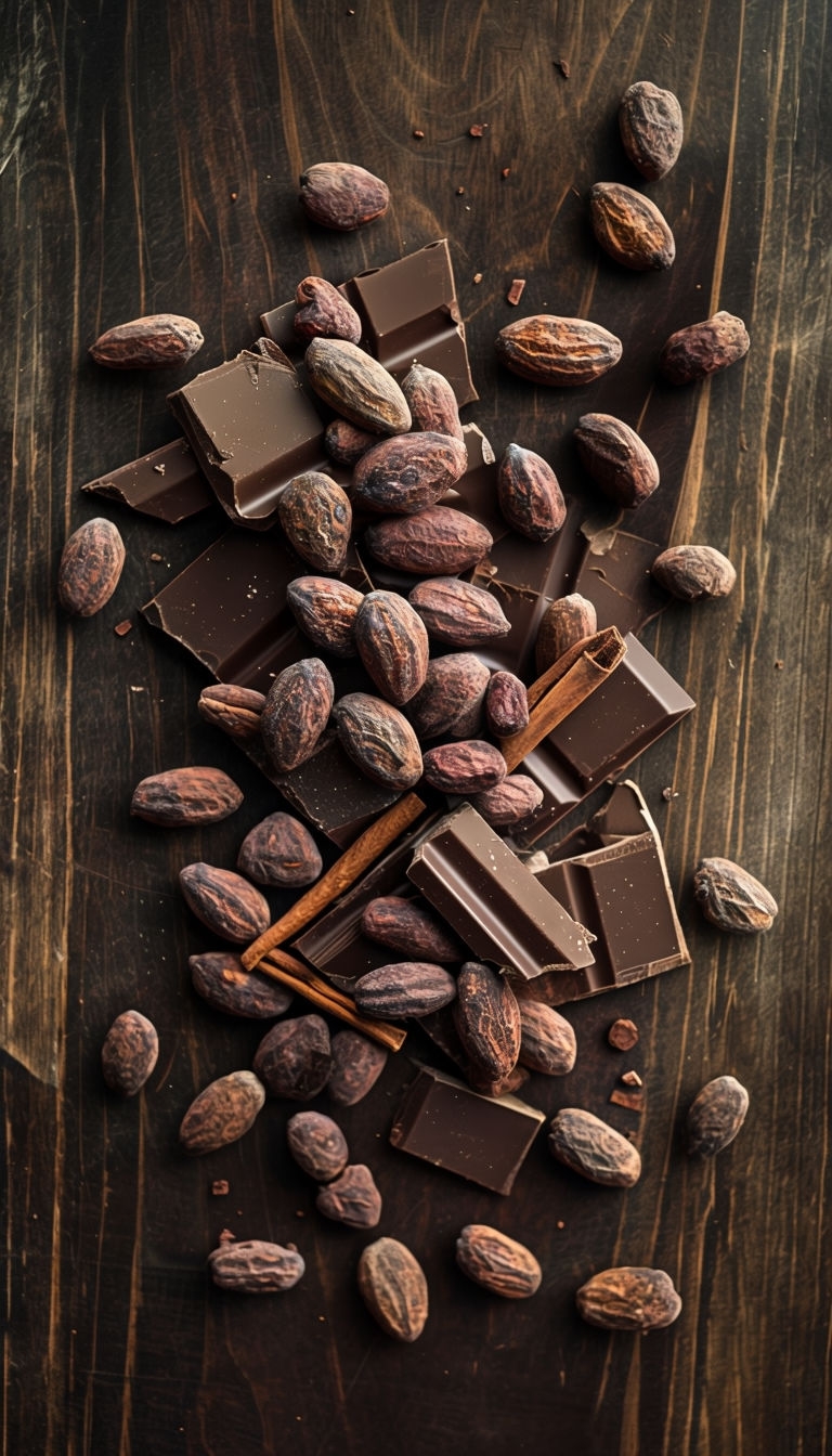 Indulgent Dark Chocolate and Cocoa Beans on Polished Wood Social Media Post