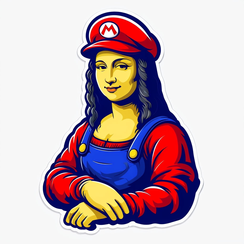 Vibrant Cartoon Mona Lisa as Mario Illustration Sticker