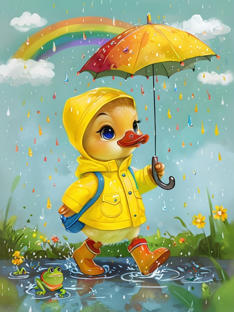 Colorful Duckling in Raincoat with Umbrella and Frogs Art