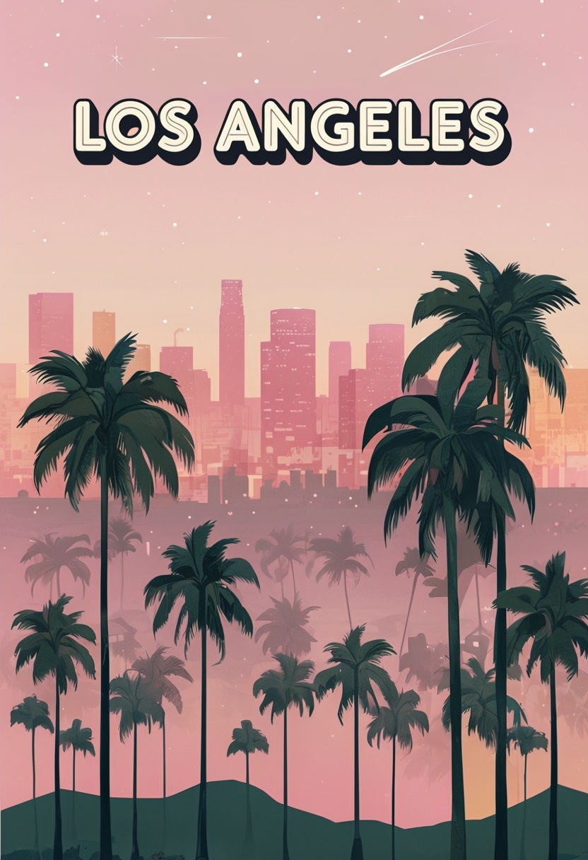 Stylized Los Angeles Cityscape Illustration at Dusk Poster - Playground