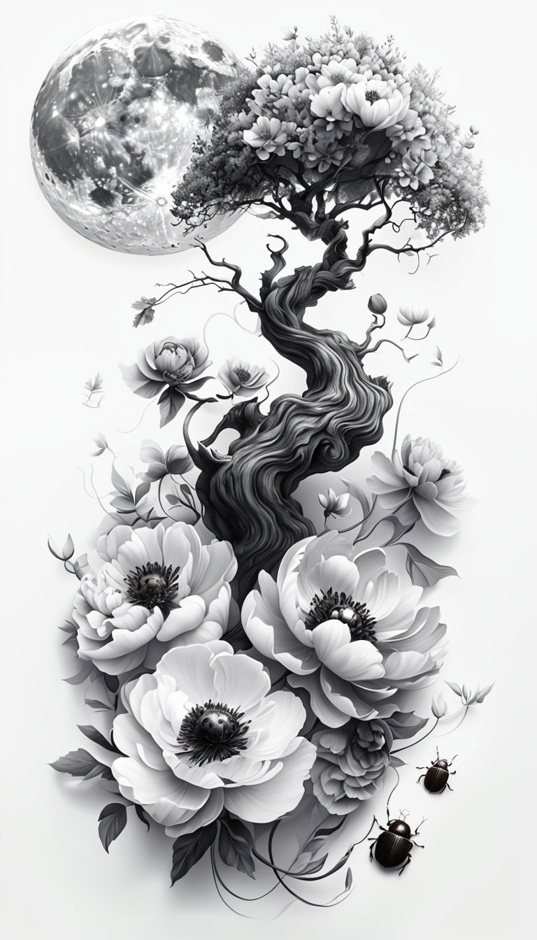 Intricate Black and White Tree and Peony Floral Illustration Art