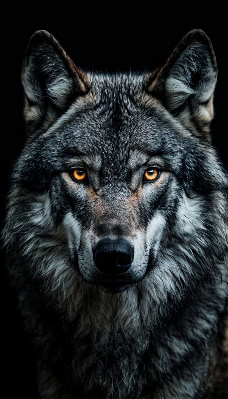 Intense Close-Up of a Wolf's Face with Amber Eyes Mobile Wallpaper