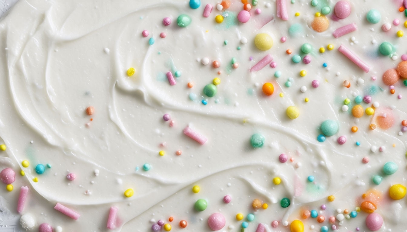 Colorful Candy Sprinkles on White Frosting Close-Up Backgrounds