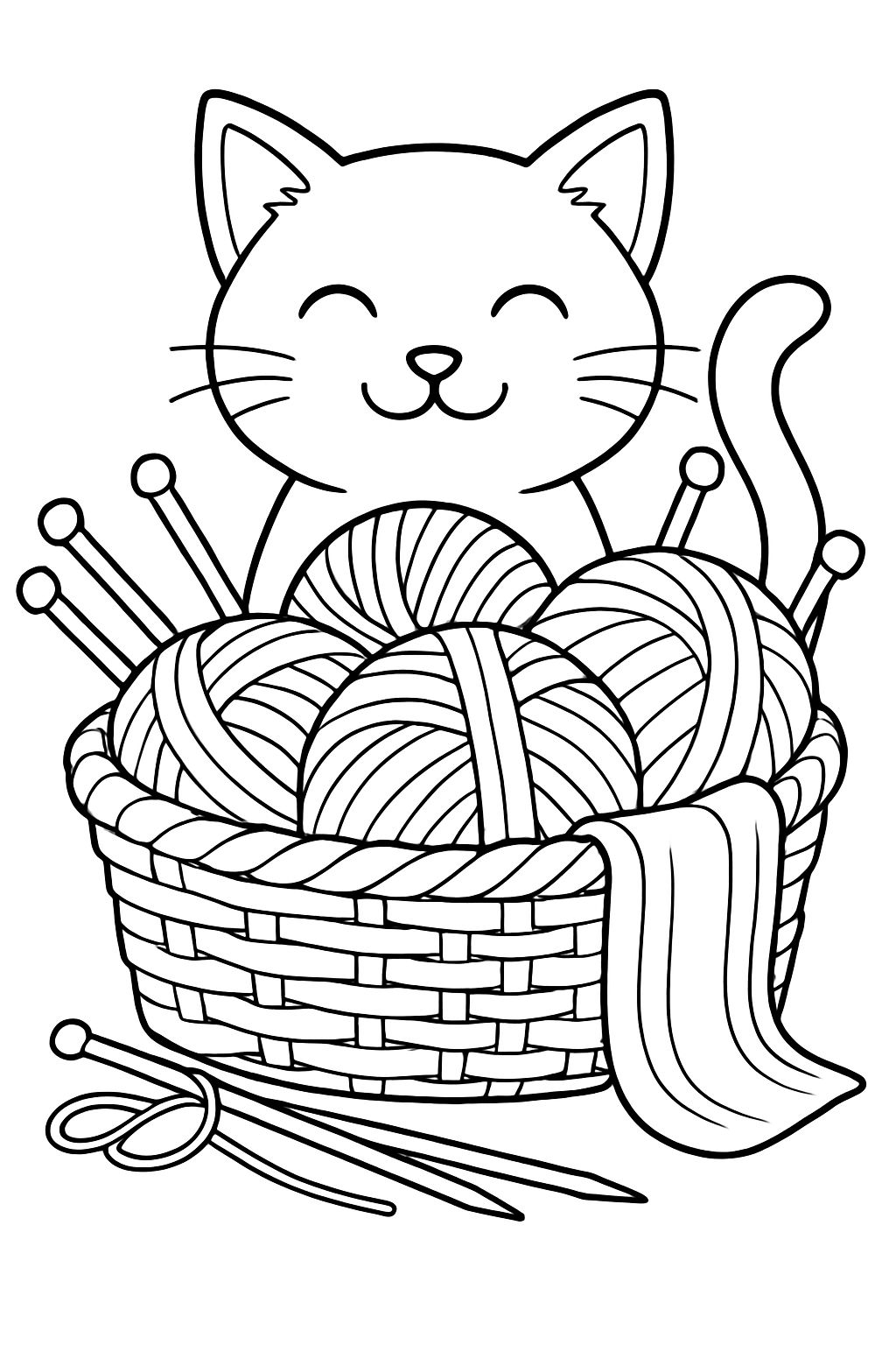 Adorable Cartoon Cat in Woven Basket Coloring Page
