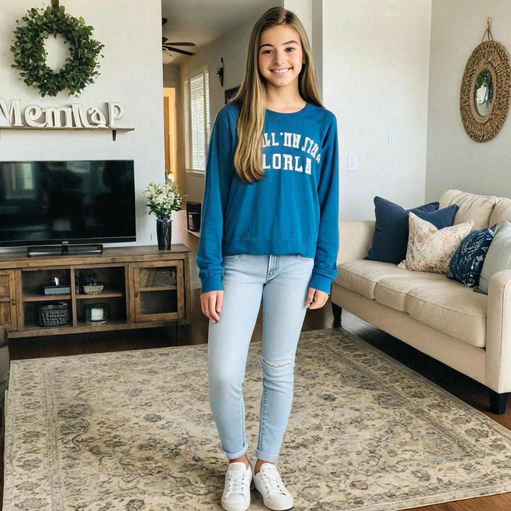 Cute 15 year old girl standing in the living room by Leon John - Playground