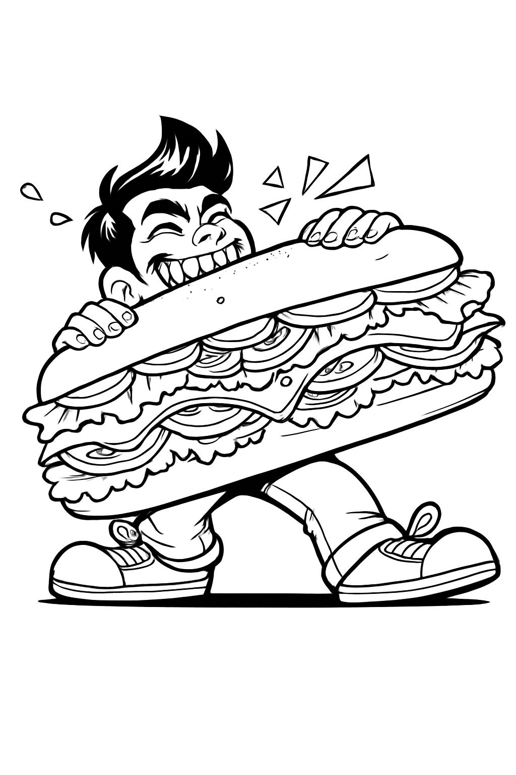 Cheerful Young Boy Enjoying a Giant Sandwich Coloring Page