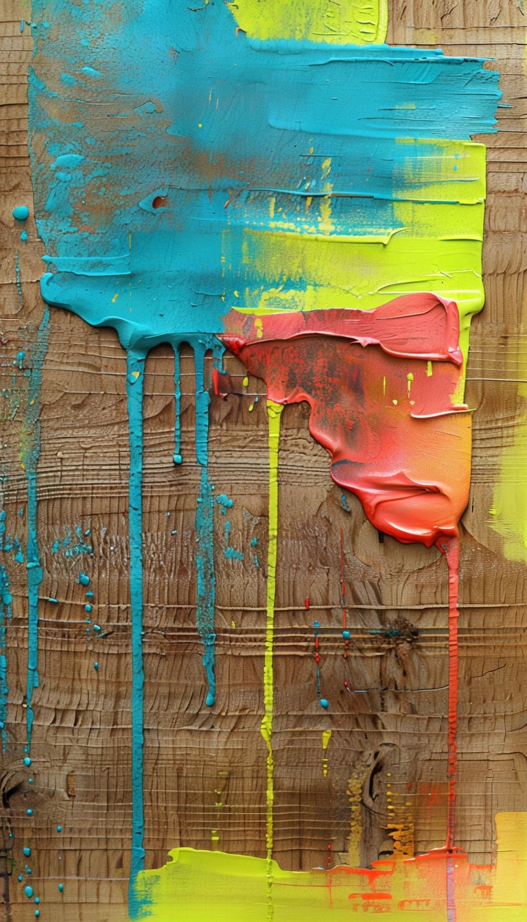 Textured Rustic Wood Grain with Colorful Paint Drips Mobile Wallpaper