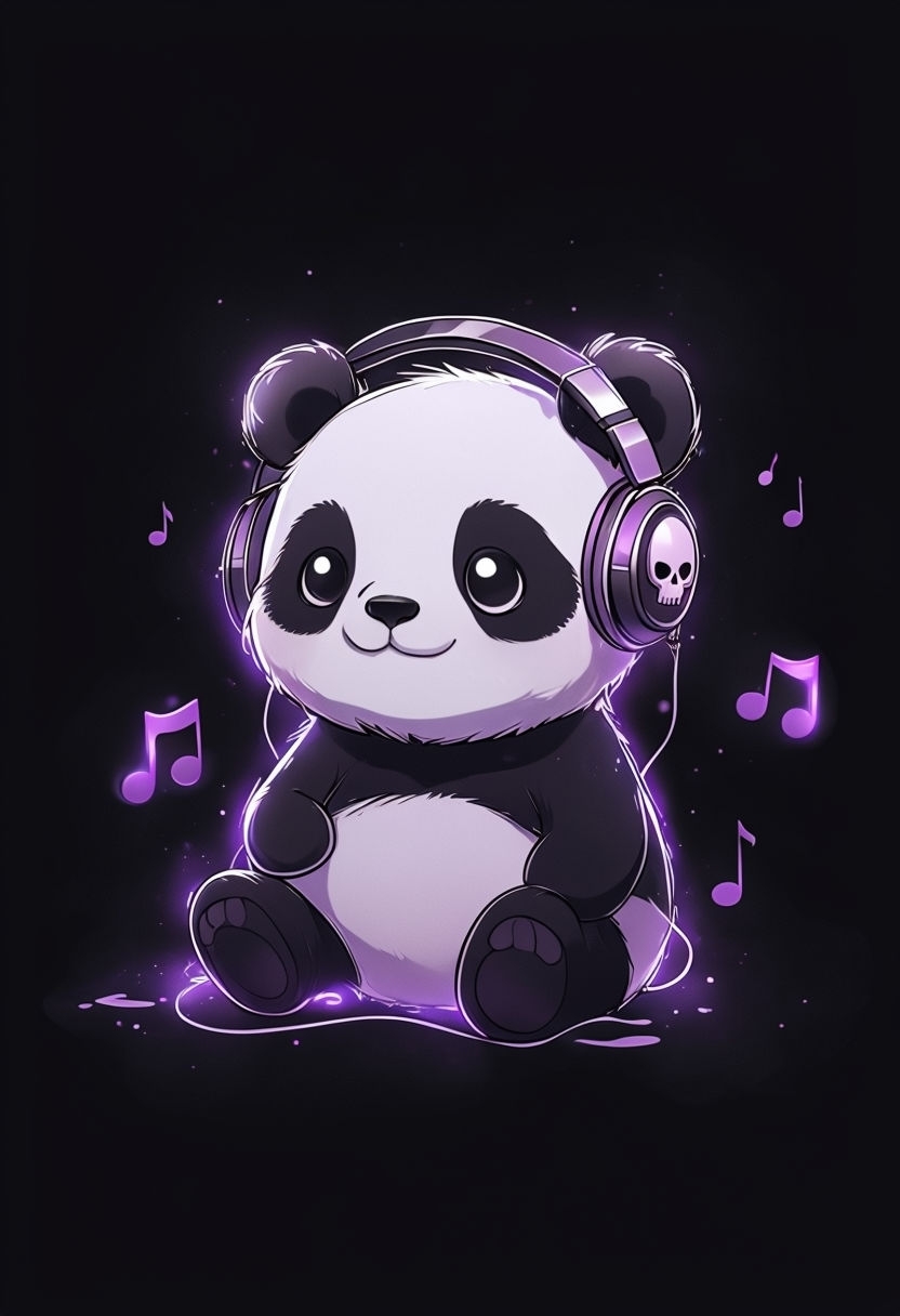 Cute Chibi Panda with Headphones in Purple Glow Art
