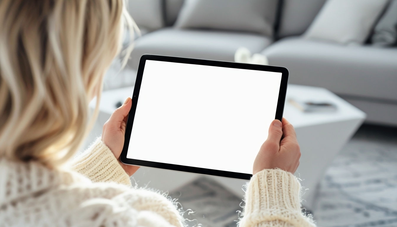 Cozy Over-the-Shoulder Tablet View in Minimalist Living Space Mockup