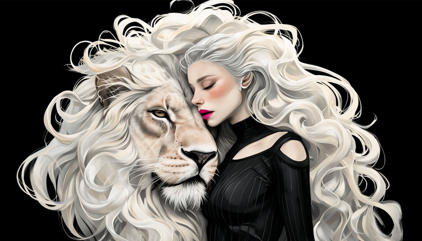 Tender Embrace of Woman and Lion Illustration T-Shirt