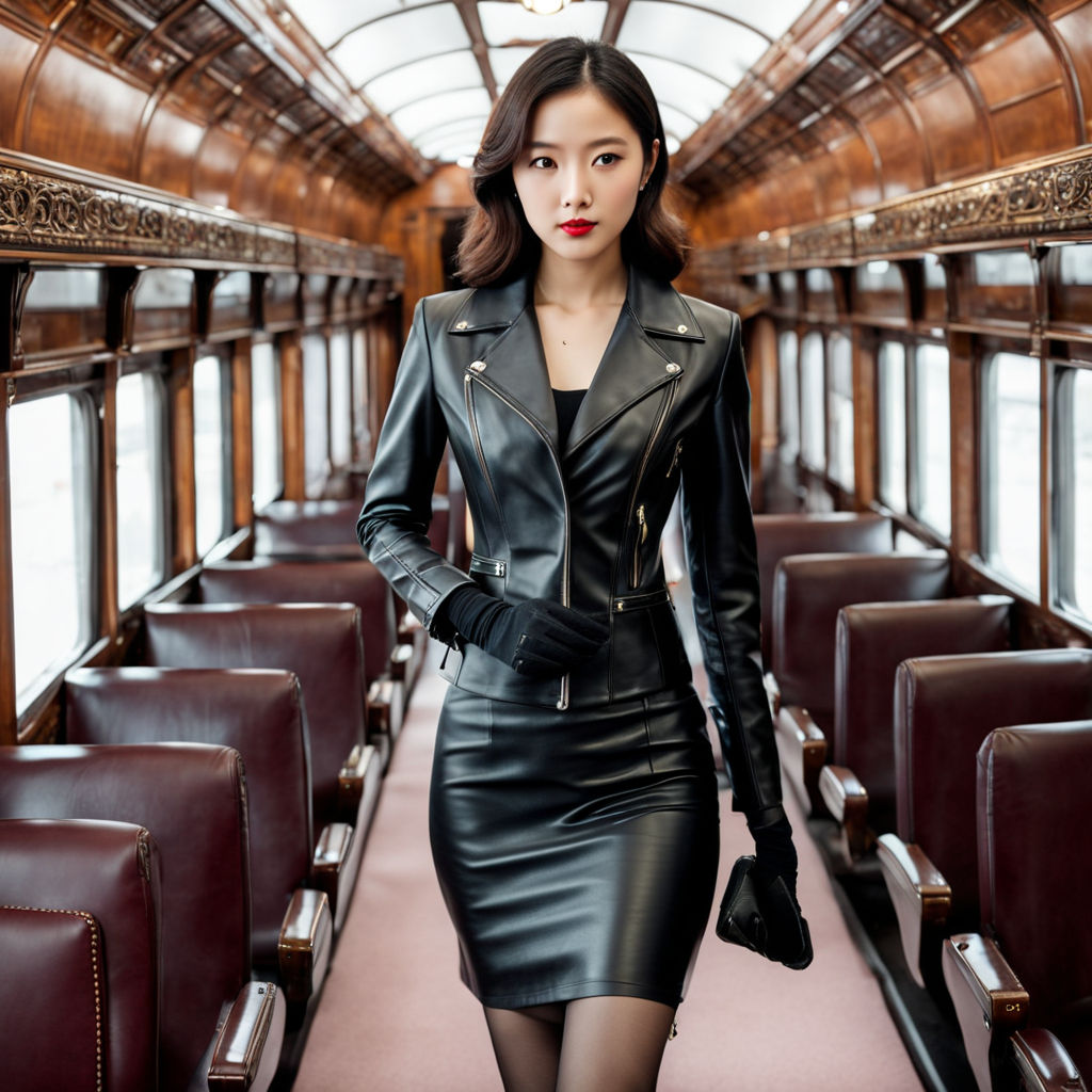 Beautiful slender young korean woman walking down a vintage ... by ...