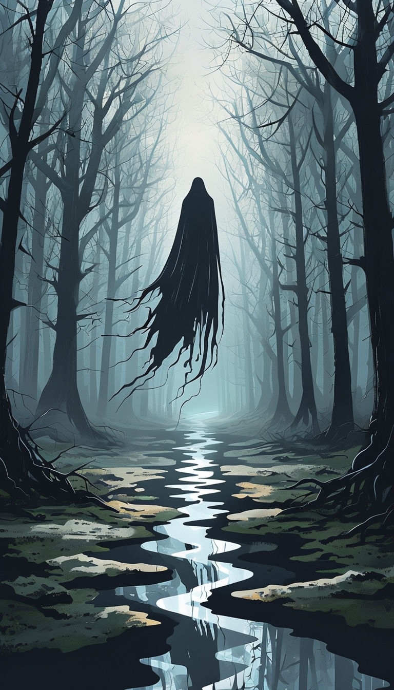 Eerie Dark Forest with Haunting Ghostly Figure Mobile Wallpaper