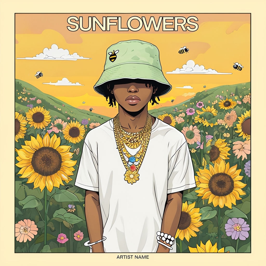 Vibrant Cartoon Sunflowers and Bucket Hat Character Album Cover