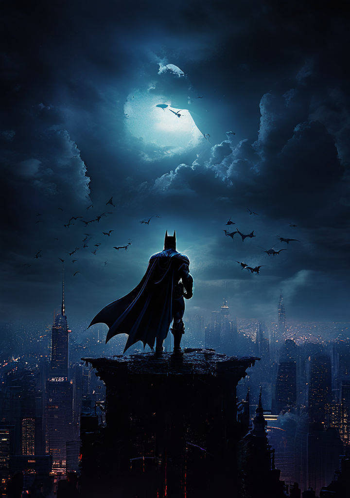 Dark fantasy art featuring Batman perched atop a gothic skys... by 100% ...