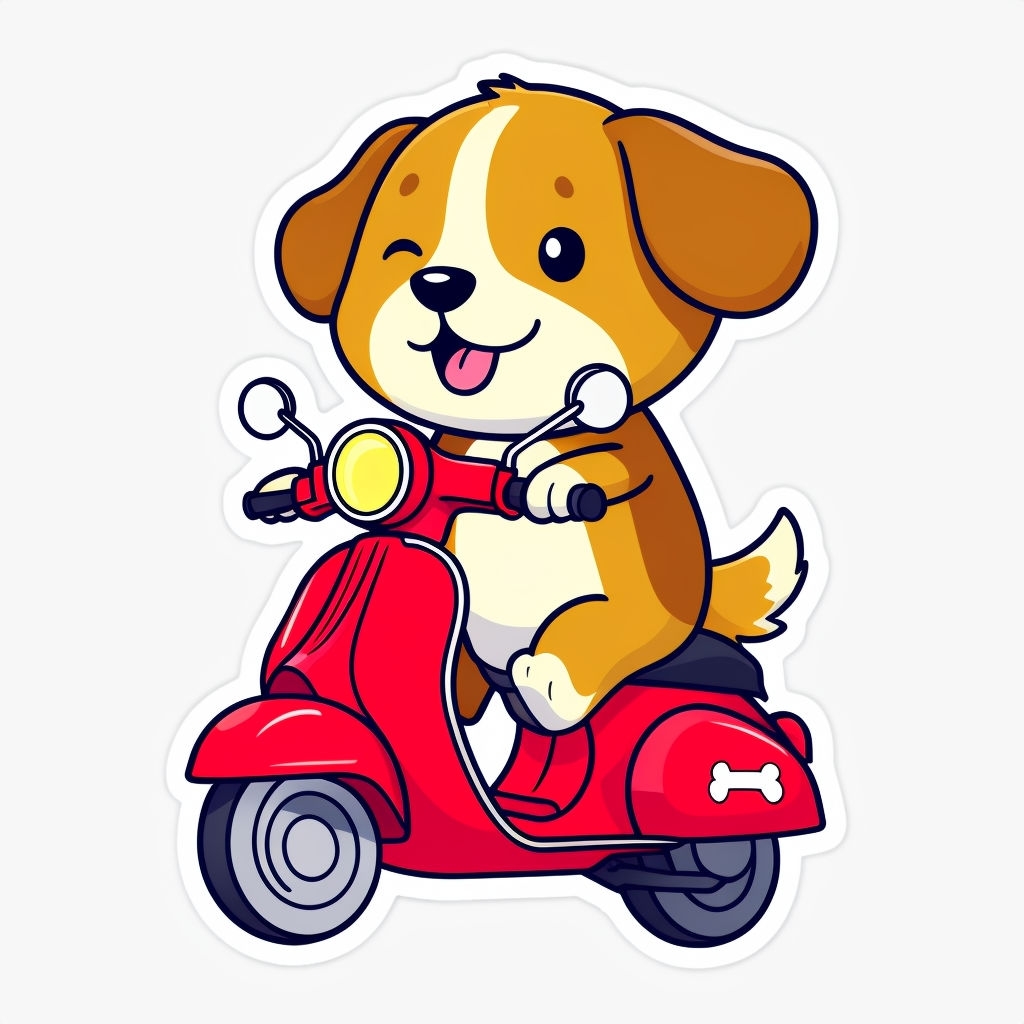 Cheerful Cartoon Dog Riding a Red Scooter Sticker