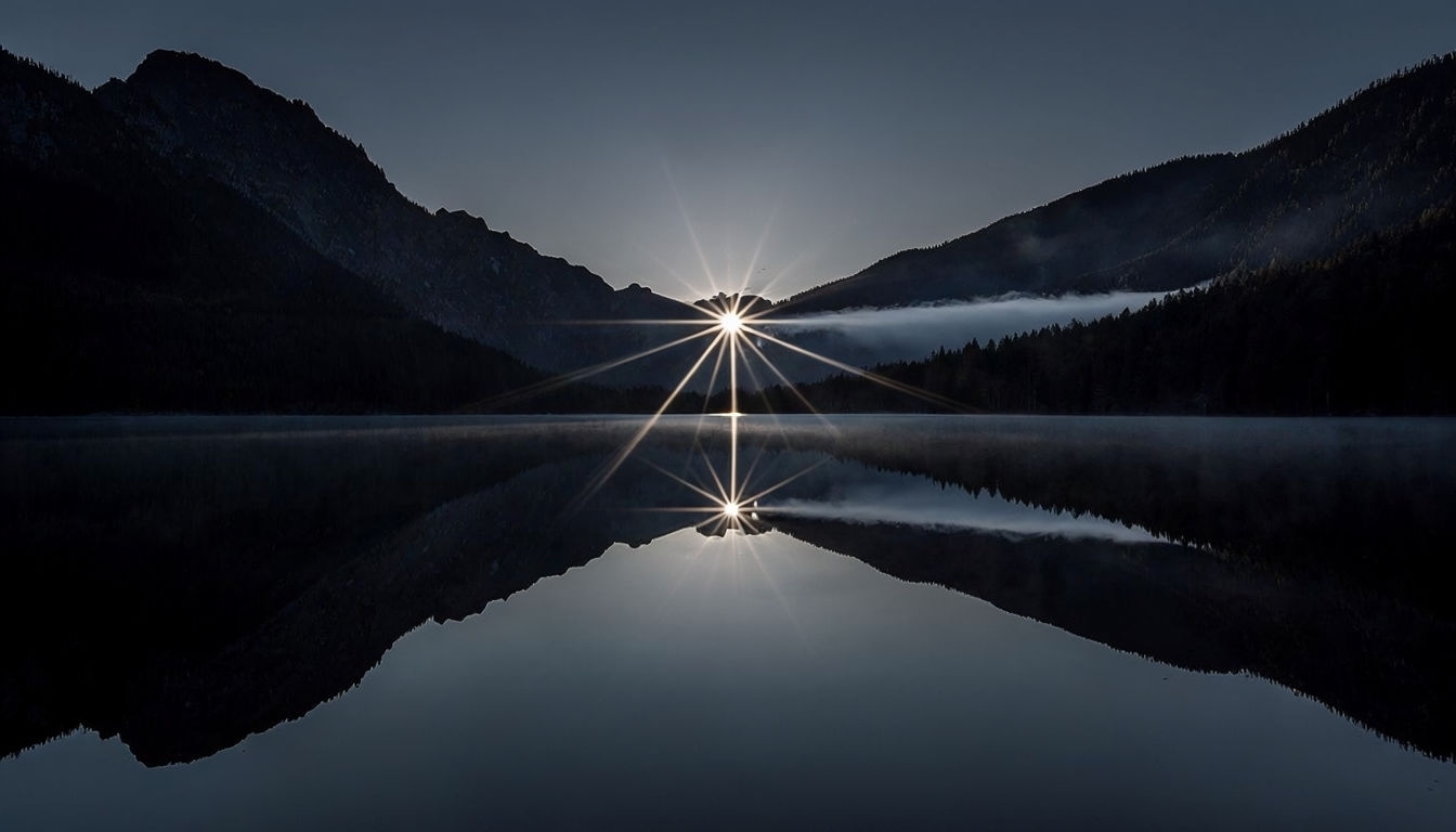 Serene Mountain Dawn Landscape with Reflected Sunrise Virtual Background