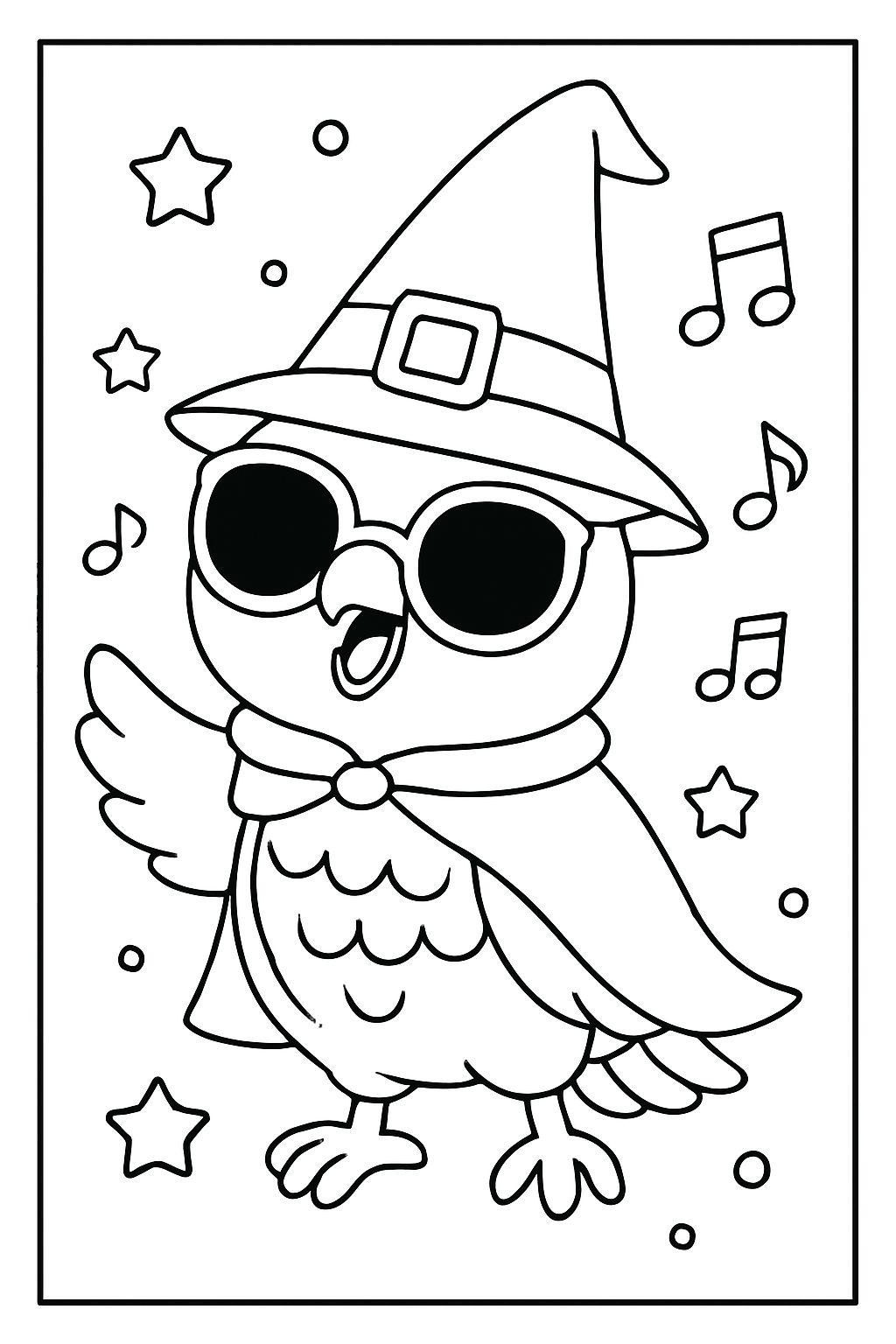 Cheerful Cartoon Owl in Sunglasses and Witch Hat Coloring Page