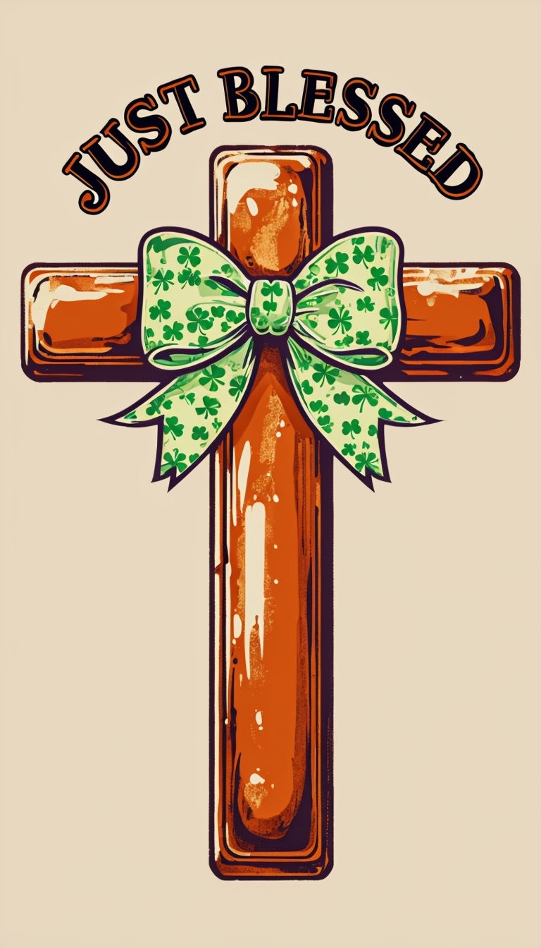 Vintage Just Blessed Cross Illustration with Shamrock Bow Poster