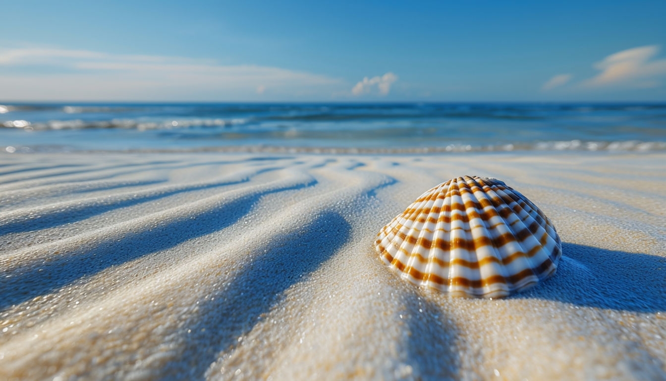 Serene Beach Scene with Scallop Shell Virtual Background