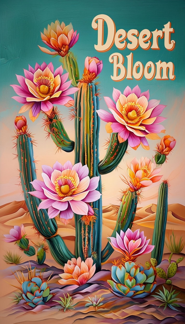 Vibrant Desert Bloom Cacti Painting Art