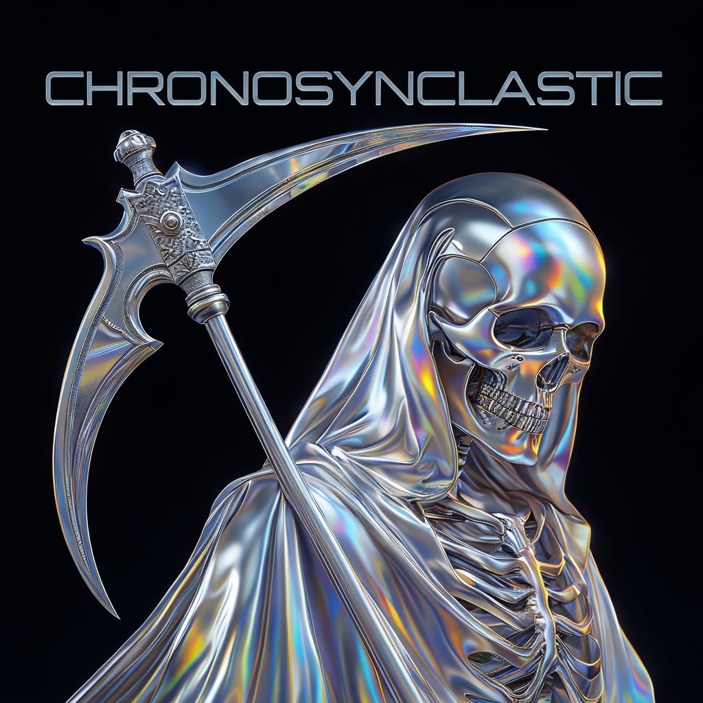 Iridescent Robotic Skeleton Album Art Design for CHRONOSYNCLASTIC Spotify Album Cover