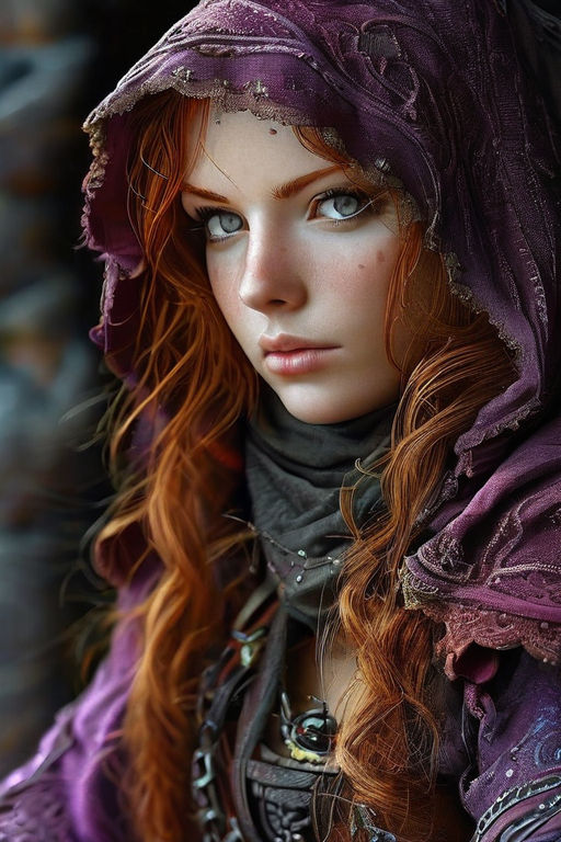 Long red head female video game character drawing by Leticia Pereira