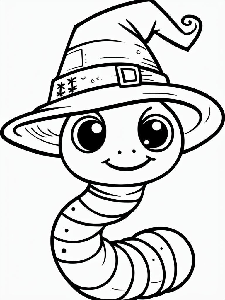 Cartoon Worm Character in Witch Hat for Coloring Book Pages