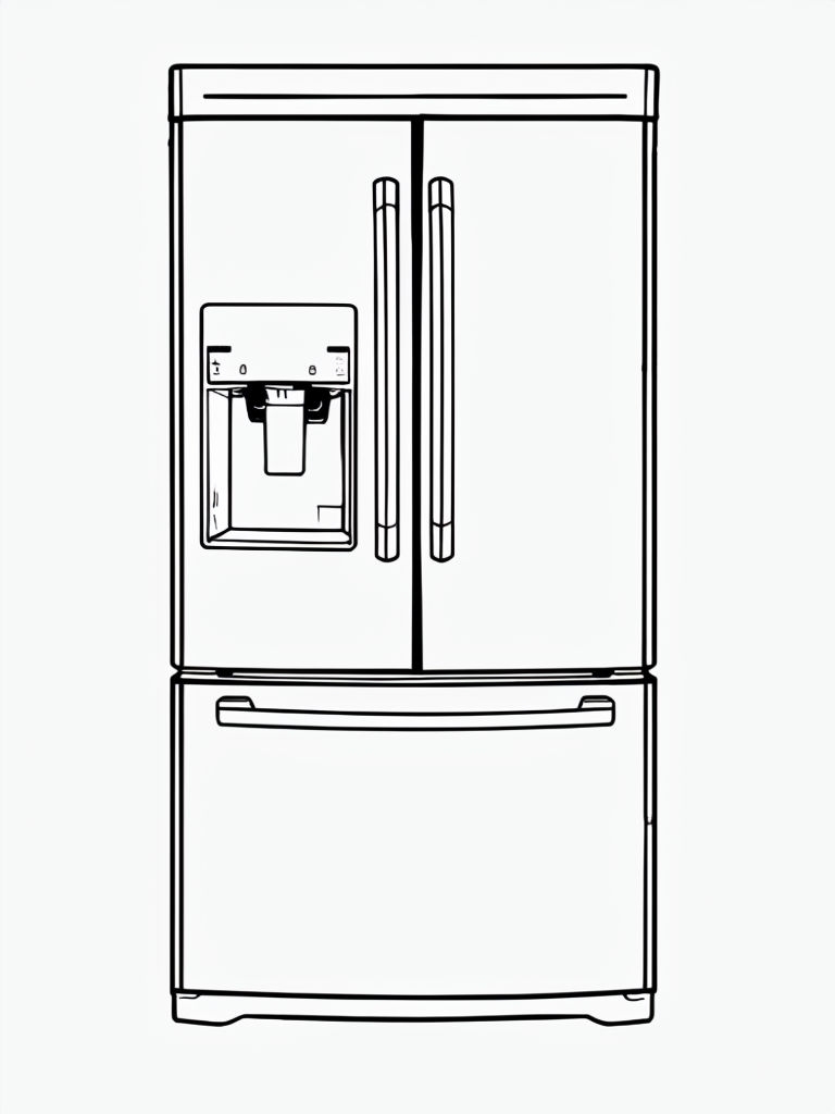 Minimalist Line Drawing of a French Door Refrigerator Coloring Book Page