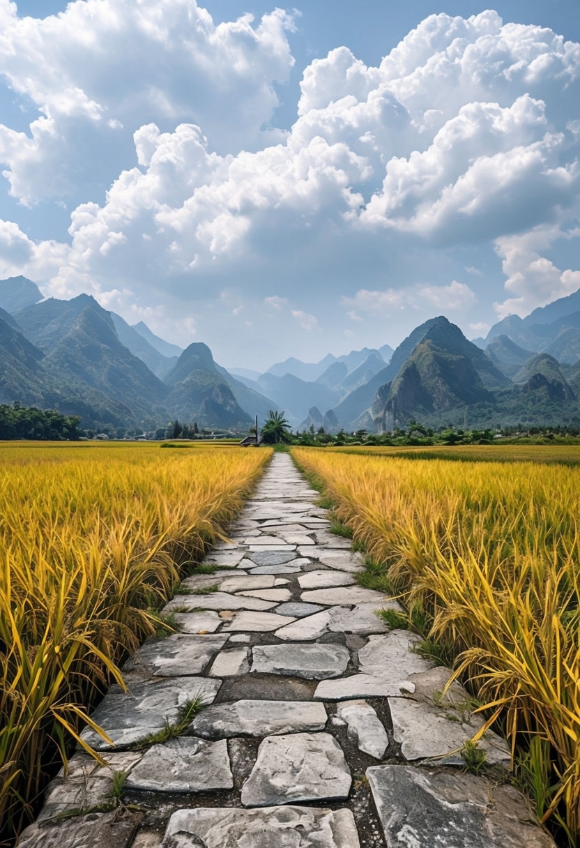 Tranquil Stone Pathway Through Golden Rice Fields Art